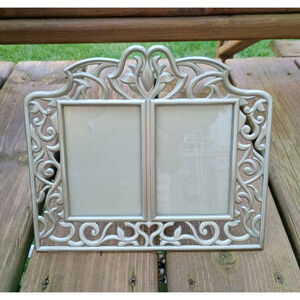 Vintage 1997 HB Group Double Picture Frame Pewter Tone Ornate Tabletop